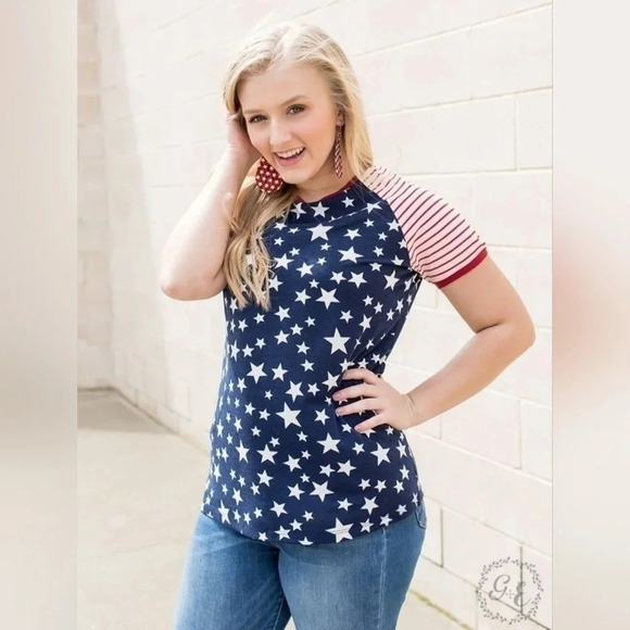 1 LEFT! Parade Tee with Stripe Sleeves - Picture 1 of 9